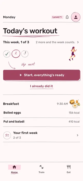 The Own Hub home screen: today's workout, this week's progress, and breakfast.