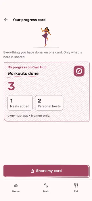 Her progress card: workouts done, meals added and personal bests, ready to share. Her weight is on it only if she adds it.